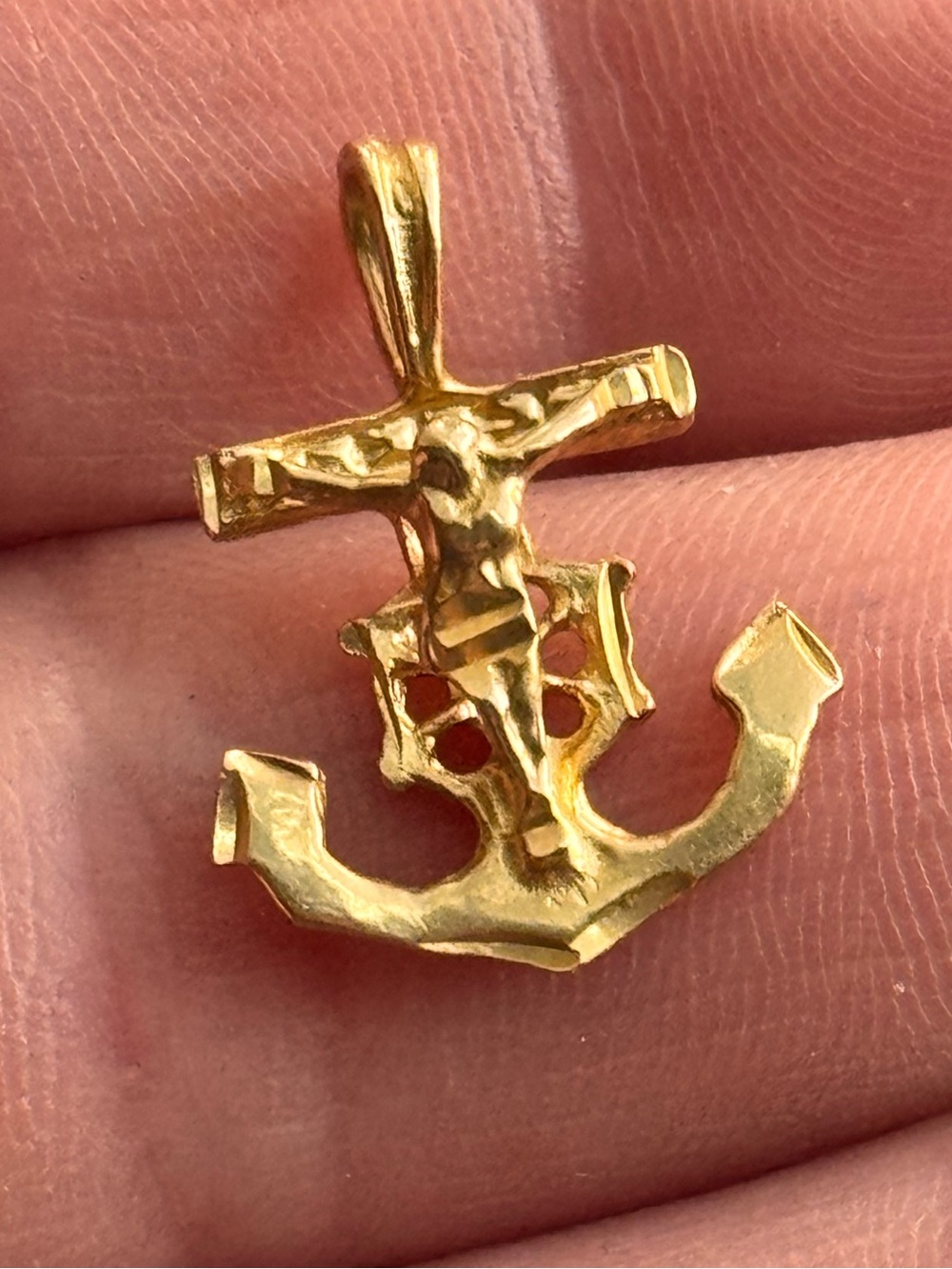 14K Yellow Gold Anchor, Ship Wheel & Jesus Cross Pendant | Nautical Religious Ch